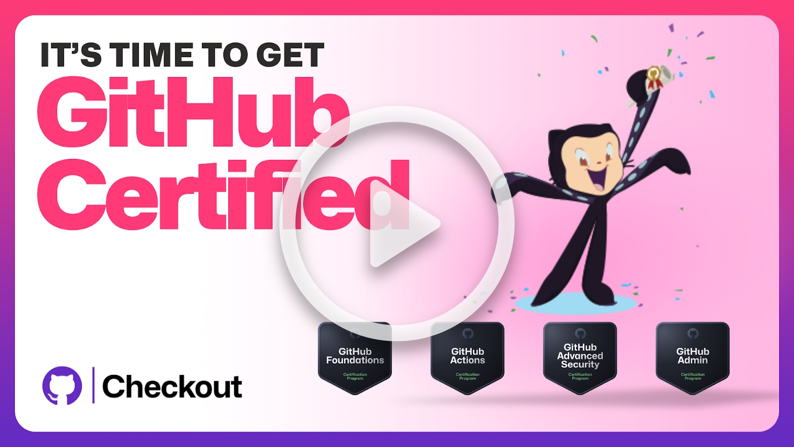 GitHub Certified banner with Octocat celebrating and four certification badges.