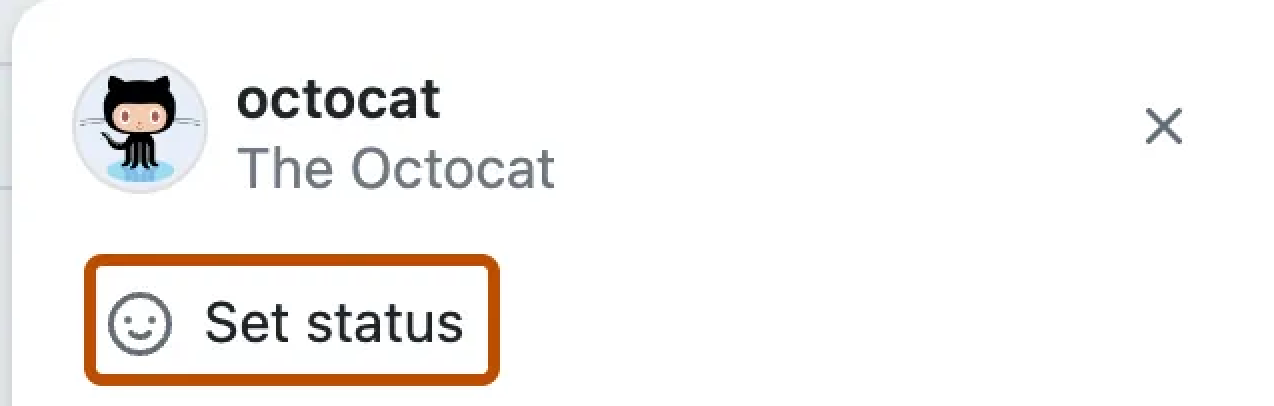 GitHub profile snippet showing the Octocat avatar with the username octocat and display name The Octocat. A button with a smiley face icon and the label Set status is highlighted.