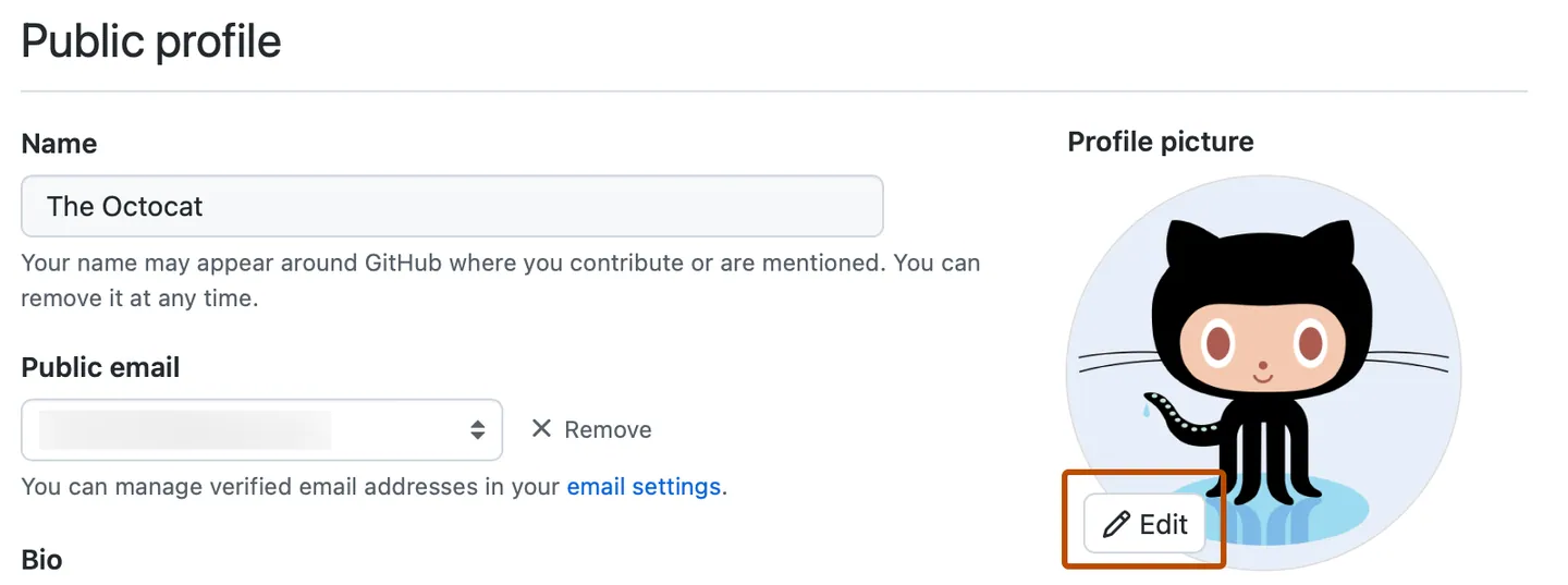 GitHub public profile settings page showing fields to edit name, public email, bio, and profile picture. The name field is filled with The Octocat, and an Edit button is highlighted below the profile picture.